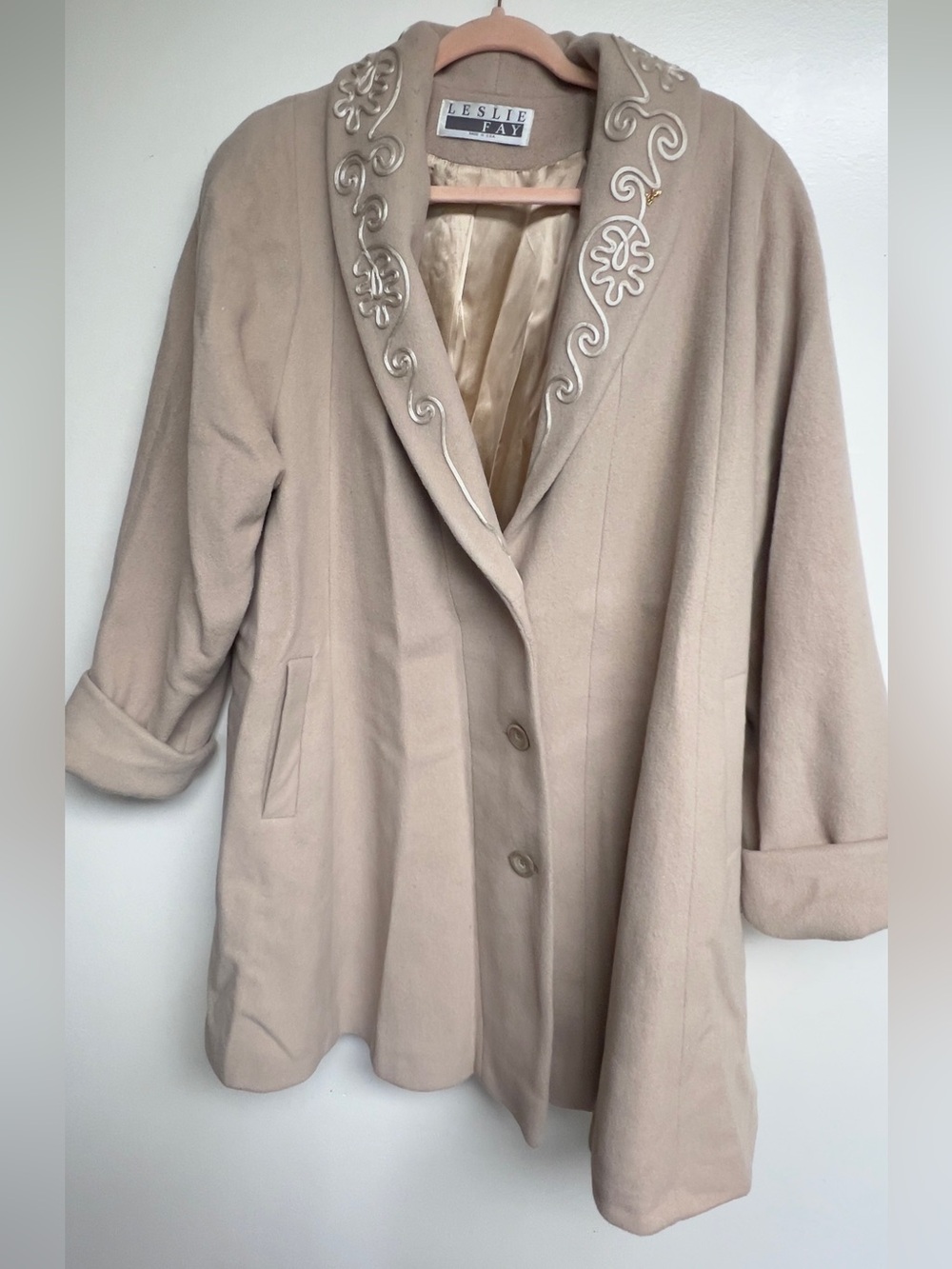 Leslie Fay Light Beige Embroidered Shawl-Collar Pea Coat
